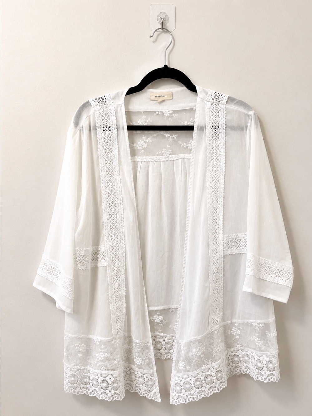 Onetheland White Lace Embroidered Kimono Cardigan | Boho Festival Cover Up